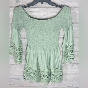 Mint Green Off-Shoulder Boho Dress with Lace Trim